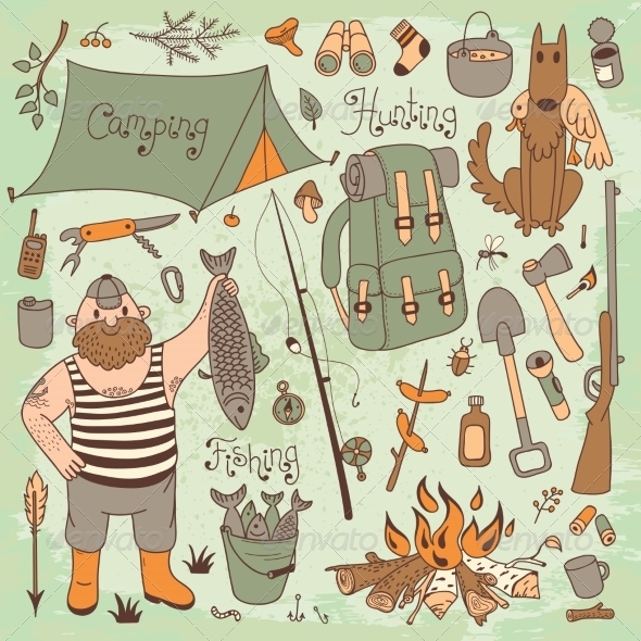 GraphicRiver Fishing Hunting Camping Set 8499243 GraphicRiver Fishing Hunting Camping Set 8499243