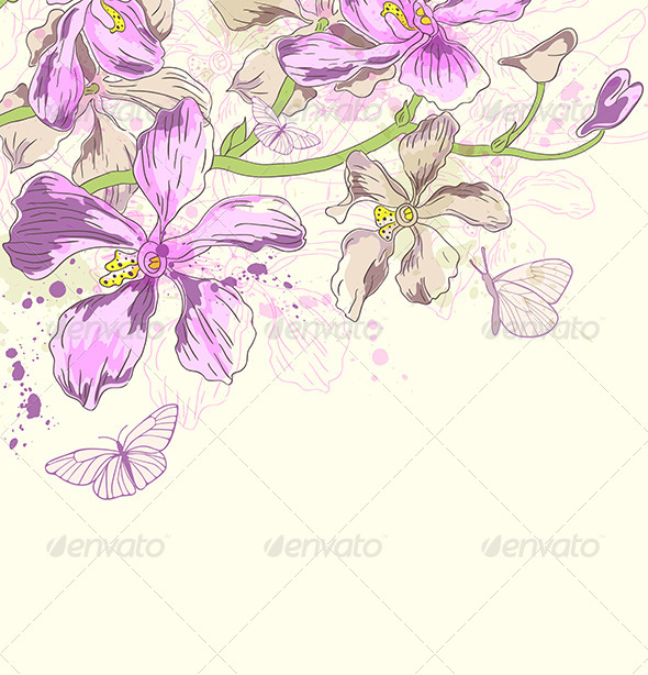 Background with Orchids and Butterflies Background with Orchids and Butterflies