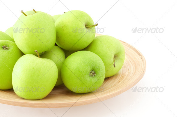 stack of green apples on wooden plate (Misc) Photo Download