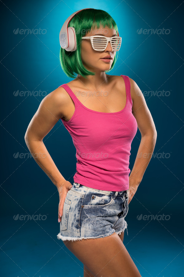 Slim Young Woman with Green Hair Portrait