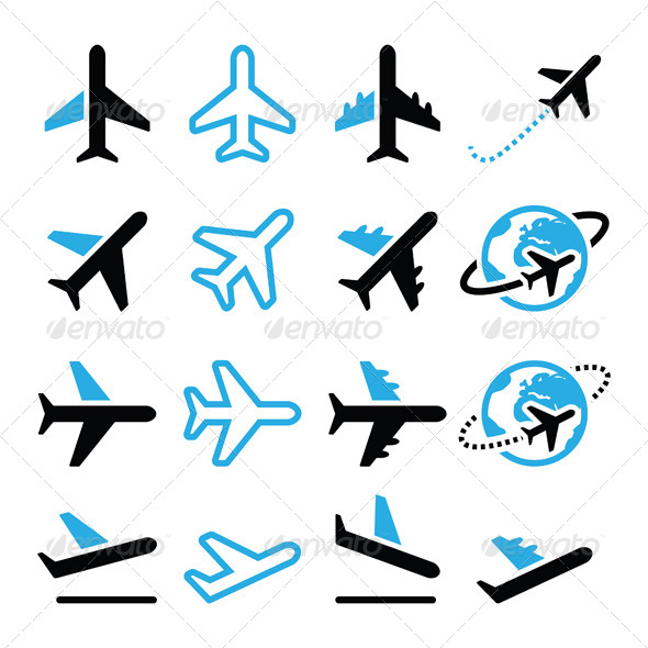 GraphicRiver Plane Flight Airport Black and Blue Icons Set 8531371 GraphicRiver Plane Flight Airport Black and Blue Icons Set 8531371