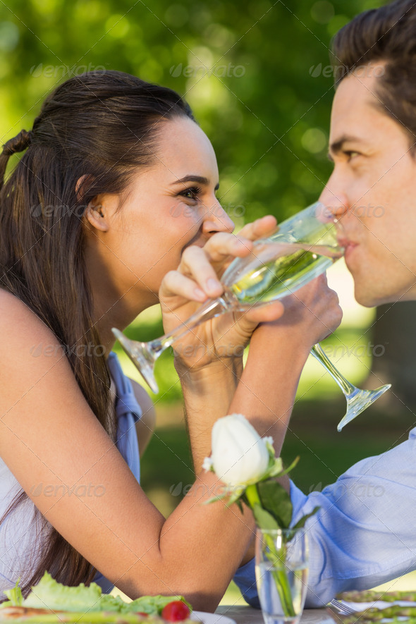 Side view of a young couple drinking champagne at an outdoor cafÃ© (Misc) Photo Download