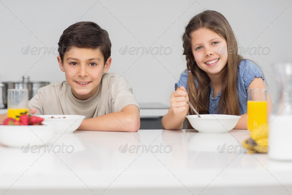 Portrait of two smiling young siblings enjoying breakfast in the kitchen (Misc) Photo Download