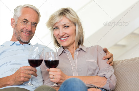 Portrait of a smiling mature couple with wine glasses sitting on sofa at home (Misc) Photo Download