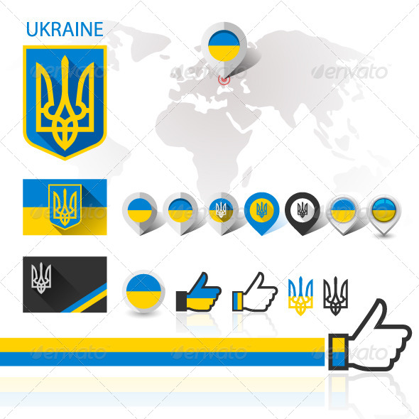 Flag and Coat of Arms Ukraine with World map