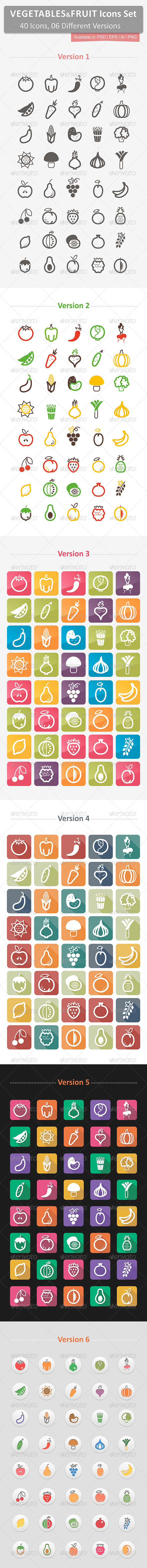 40 Vegetables and Fruits Icons Set