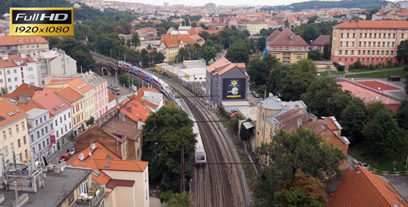 Passenger train pass over under the bridge in Prag Passenger train pass over under the bridge in Prag