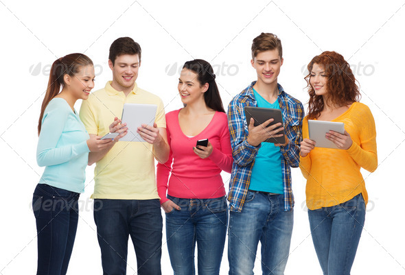 group of teenagers with smartphones and tablet pc (Misc) Photo Download