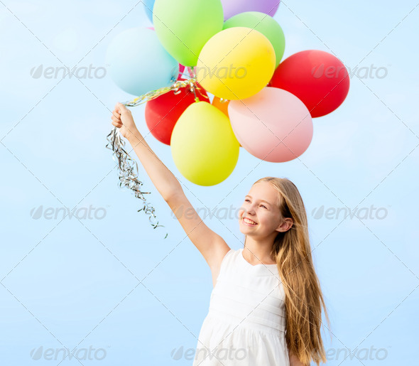 happy girl with colorful balloons (Misc) Photo Download