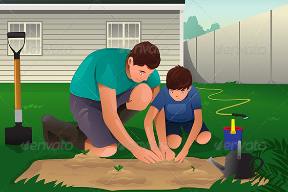 Father and Son working on a Flower Garden (People)