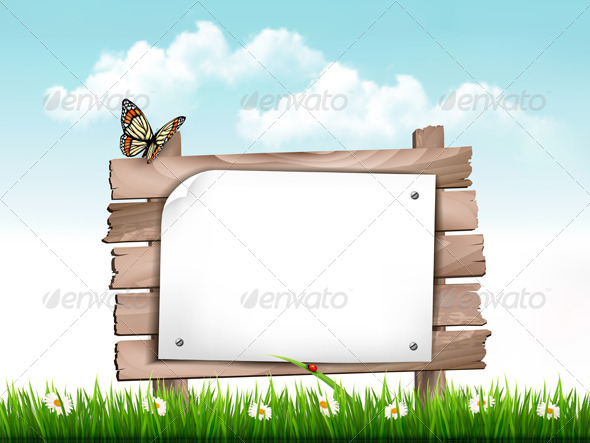 Nature Background with Green Grass and Wooden Tag Nature Background with Green Grass and Wooden Tag