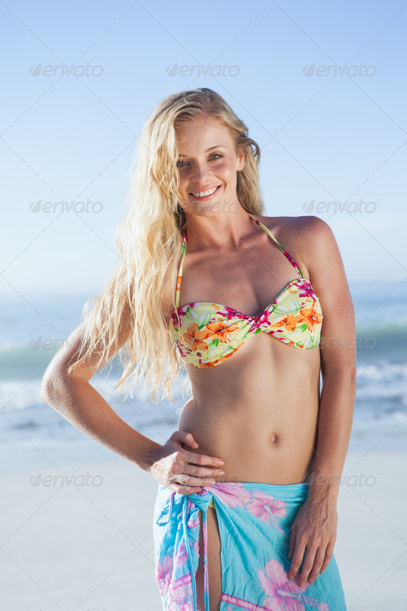 Pretty blonde in bikini and sarong smiling at camera on the beach on a sunny day (Misc) Photo Download