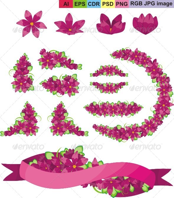 GraphicRiver Set of Purple Flowers and Ribbon 8600906 GraphicRiver Set of Purple Flowers and Ribbon 8600906