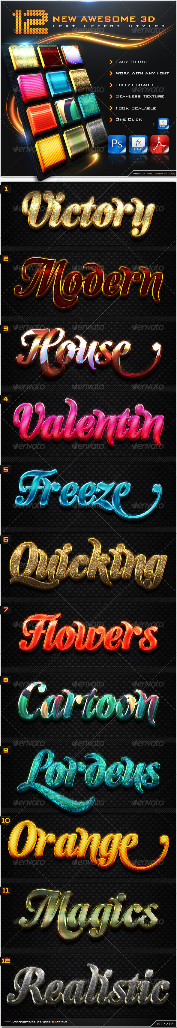 GraphicRiver 12 New Awesome 3D Text Effect Styles & Actions 8604061 GraphicRiver 12 New Awesome 3D Text Effect Styles & Actions 8604061