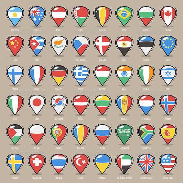 Set of Cartoon Map Pointers With World States Flag