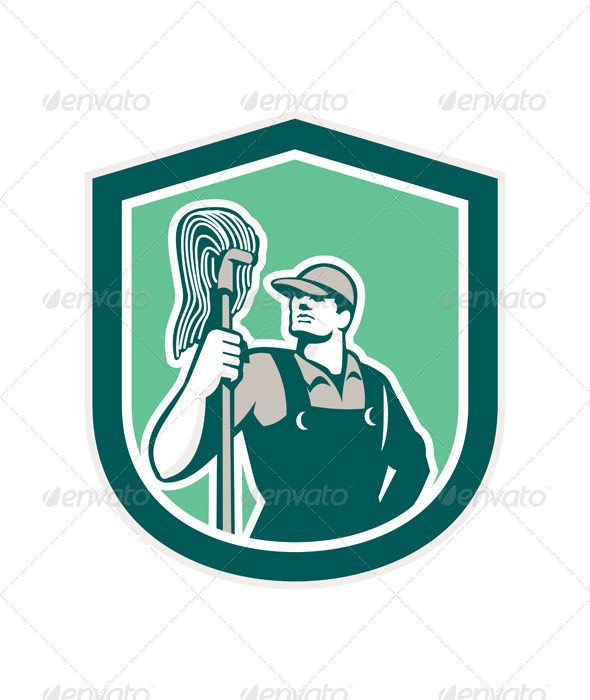 GraphicRiver Janitor Holding Mop Retro Shield 8631121 GraphicRiver Janitor Holding Mop Retro Shield 8631121
