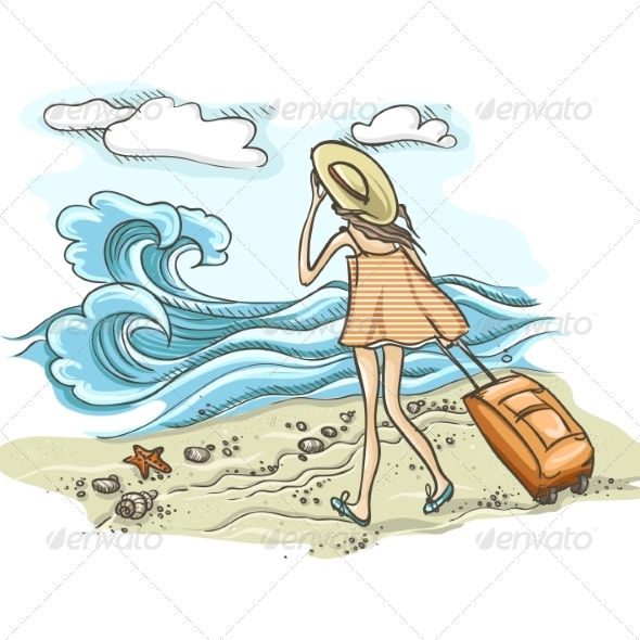 GraphicRiver Woman with a Suitcase on the Beach 8659205 GraphicRiver Woman with a Suitcase on the Beach 8659205