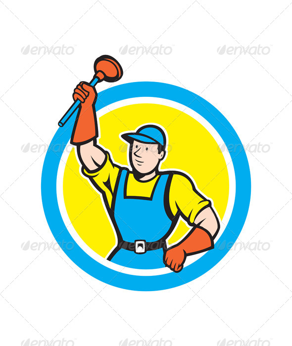 GraphicRiver Super Plumber with Plunger Circle Cartoon 8664093 GraphicRiver Super Plumber with Plunger Circle Cartoon 8664093
