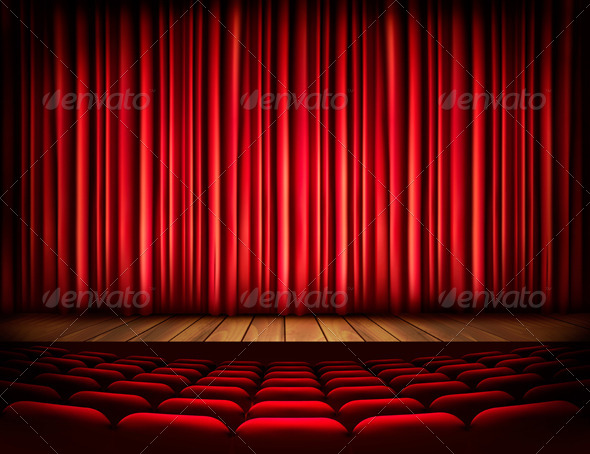 A Theater Stage with a Red Curtain Seats (Decorative)