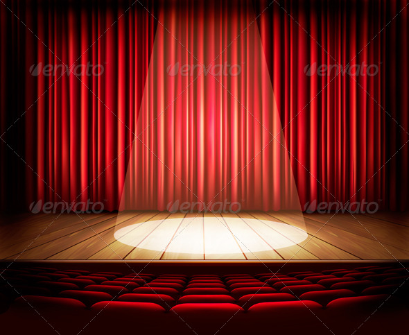 A Theater Stage with a Red Curtain Seats (Retro)