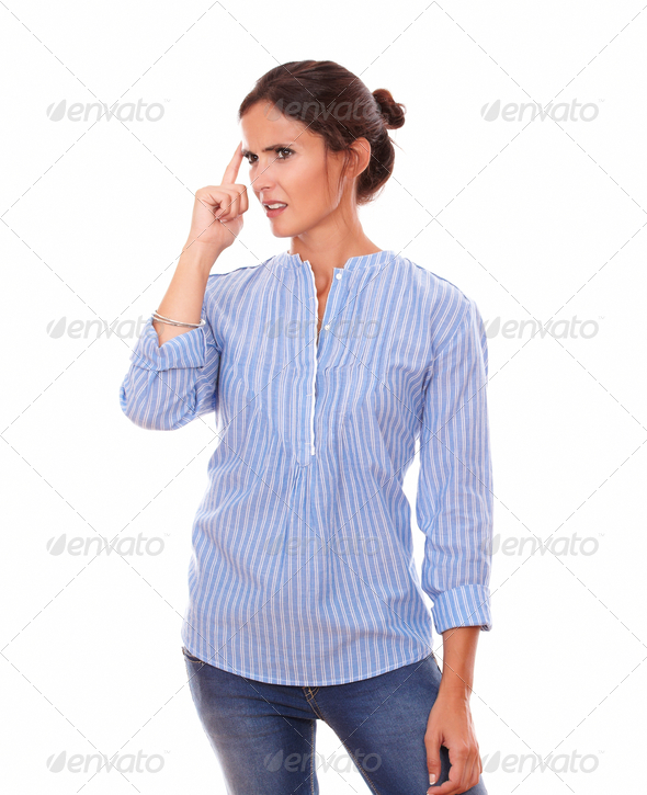 Confused adult brunette wondering while standing (Misc) Photo Download