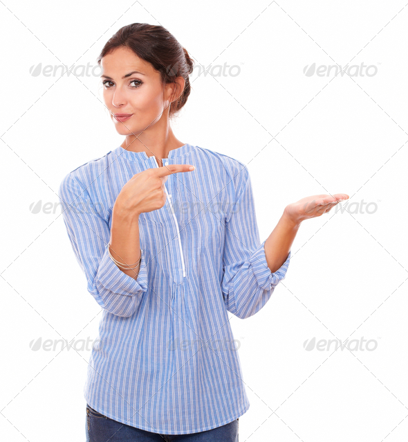 Single latin lady holding her left palm up (Misc) Photo Download