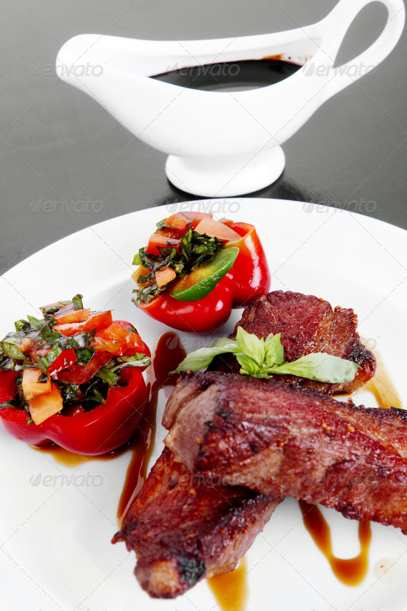 red beef meat steak barbecue garnished vegetable salad (Misc) Photo Download