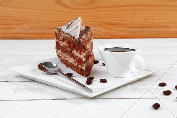 breakfast hot coffee mug and cream chocolate layer cake (Misc) Photo Download