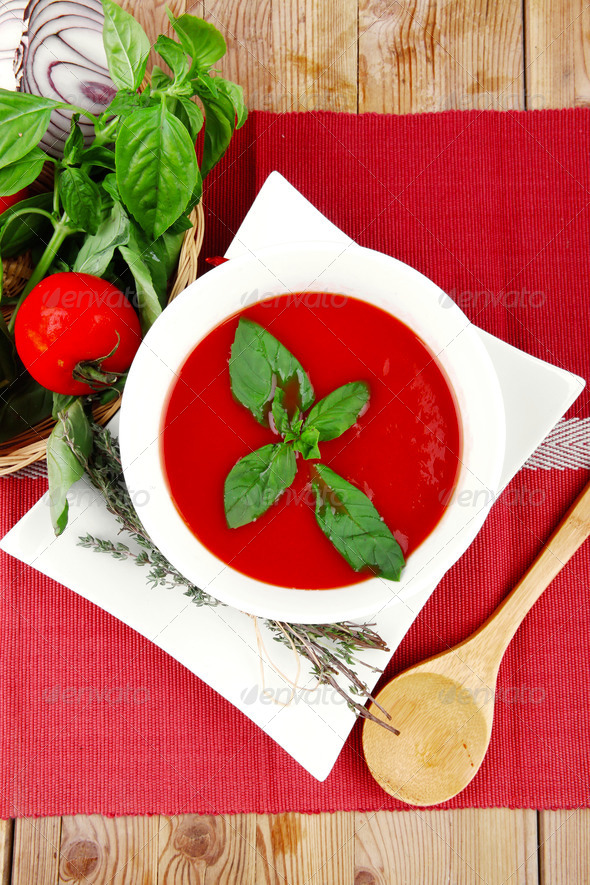 cold fresh diet tomato soup with basil (Misc) Photo Download