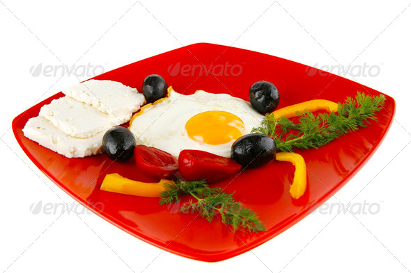 fried egg served on red dish (Misc) Photo Download