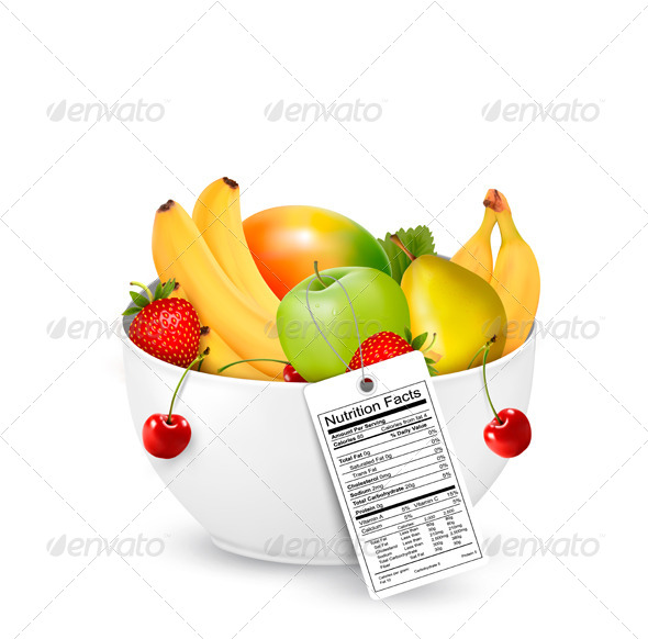 Bowl of Healthy Fruit with a Nutrient Label