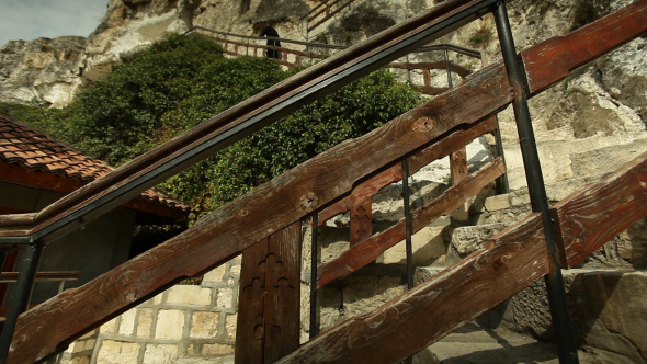 Monk Climbing Stairs To Old Church Monk Climbing Stairs To Old Church