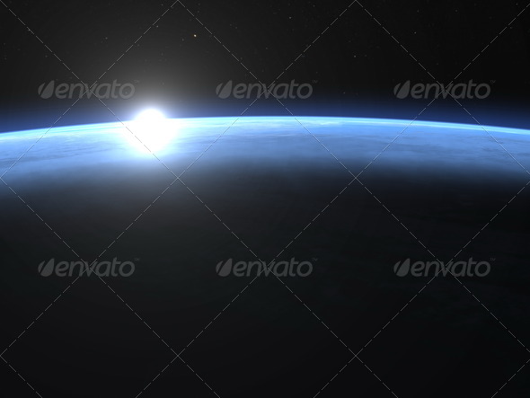 Planet earth horizon with sunrise in space - 3D render (Misc) Photo Download