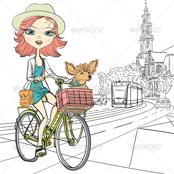 GraphicRiver Vector cute girl with dog on the bike in Amsterdam 8746024 GraphicRiver Vector cute girl with dog on the bike in Amsterdam 8746024