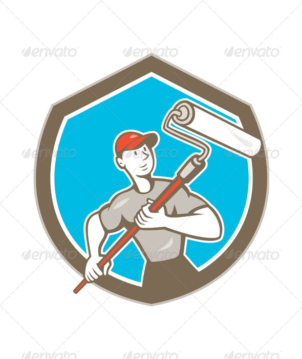 GraphicRiver House Painter Paint Roller Shield Cartoon 8748882 GraphicRiver House Painter Paint Roller Shield Cartoon 8748882