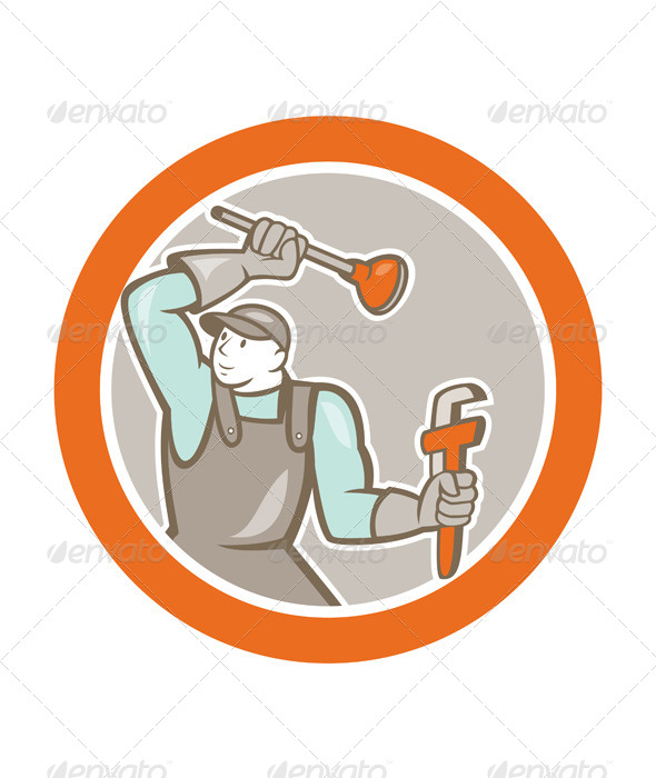 GraphicRiver Plumber Wielding Plunger Wrench Circle Cartoon 8748972 GraphicRiver Plumber Wielding Plunger Wrench Circle Cartoon 8748972