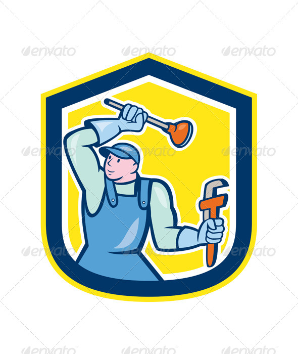GraphicRiver Plumber Wielding Plunger Wrench Shield Cartoon 8748973 GraphicRiver Plumber Wielding Plunger Wrench Shield Cartoon 8748973