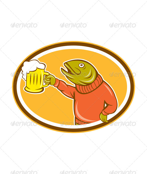 GraphicRiver Trout Fish Holding Beer Mug Oval Cartoon 8748990 GraphicRiver Trout Fish Holding Beer Mug Oval Cartoon 8748990