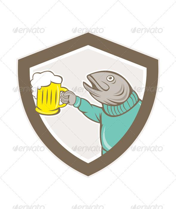 GraphicRiver Trout Fish Holding Beer Mug Shield Cartoon 8748993 GraphicRiver Trout Fish Holding Beer Mug Shield Cartoon 8748993