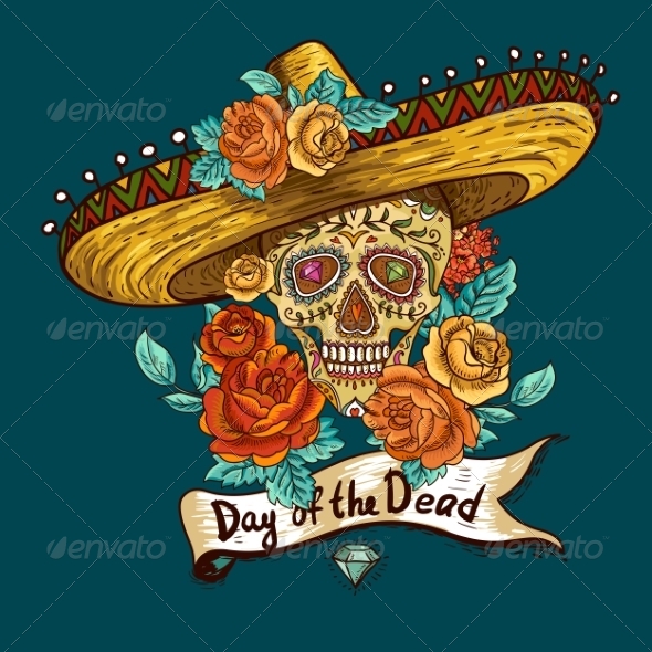 GraphicRiver Floral Background with Skull in Sombrero 8769387 GraphicRiver Floral Background with Skull in Sombrero 8769387