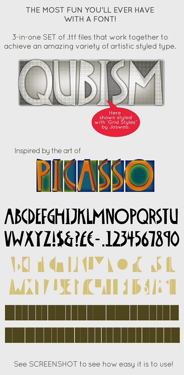 Qubism; Picasso inspired this 3-in-1 Font Set Qubism; Picasso inspired this 3-in-1 Font Set