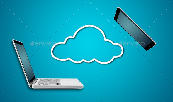 Computer laptop and tablet with cloud network concept