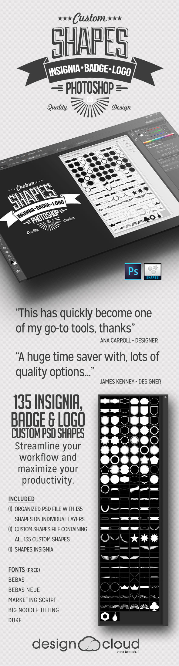 135 Insignia, Badge and Logo Custom PSD Shapes - Shapes Photoshop