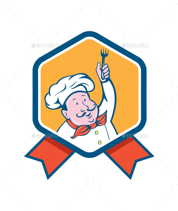 GraphicRiver Chef Holding Fork Ribbon Cartoon 8819453 GraphicRiver Chef Holding Fork Ribbon Cartoon 8819453