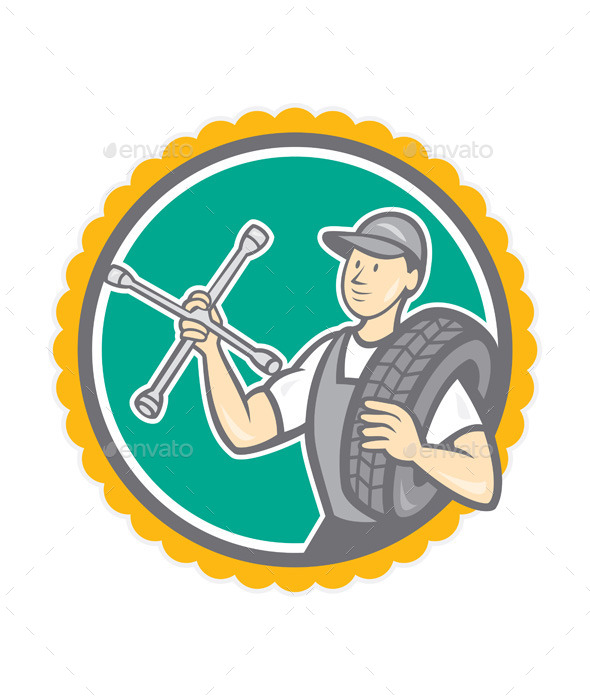 GraphicRiver Mechanic with Tire Wrench Rosette Cartoon 8819486 GraphicRiver Mechanic with Tire Wrench Rosette Cartoon 8819486