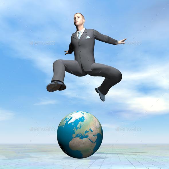 Businessman jumping upon earth - 3D render (Misc) Photo Download