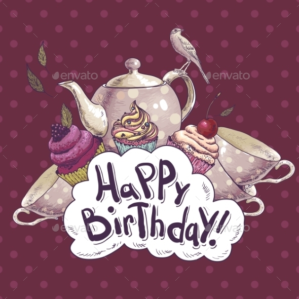 GraphicRiver Happy Birthday Card with a Cupcake and Pot 8839948 GraphicRiver Happy Birthday Card with a Cupcake and Pot 8839948
