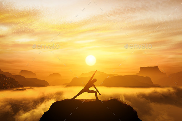 Woman standing in side angle yoga position, meditating in mountains