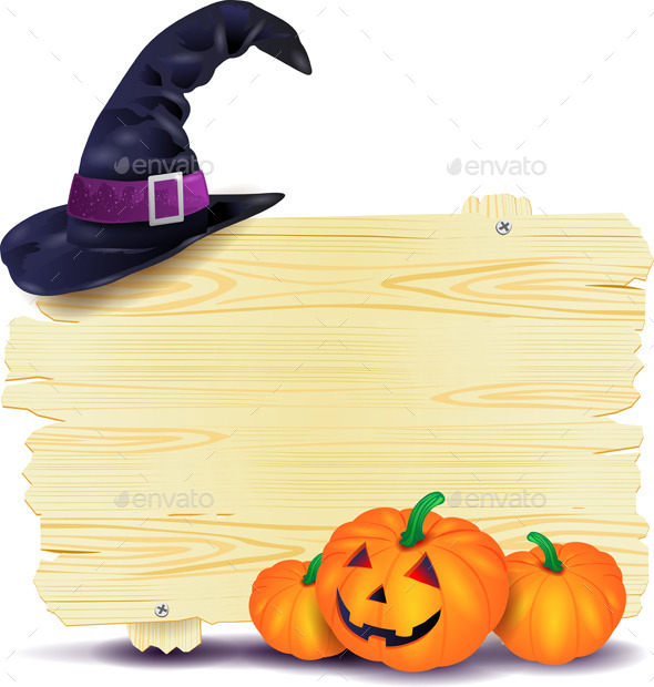 Halloween Signboard with Hat and Pumpkins