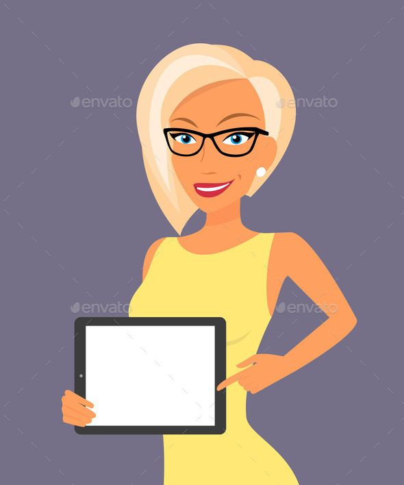 Blonde woman showing something displayed on tablet pc (Misc) Photo Download